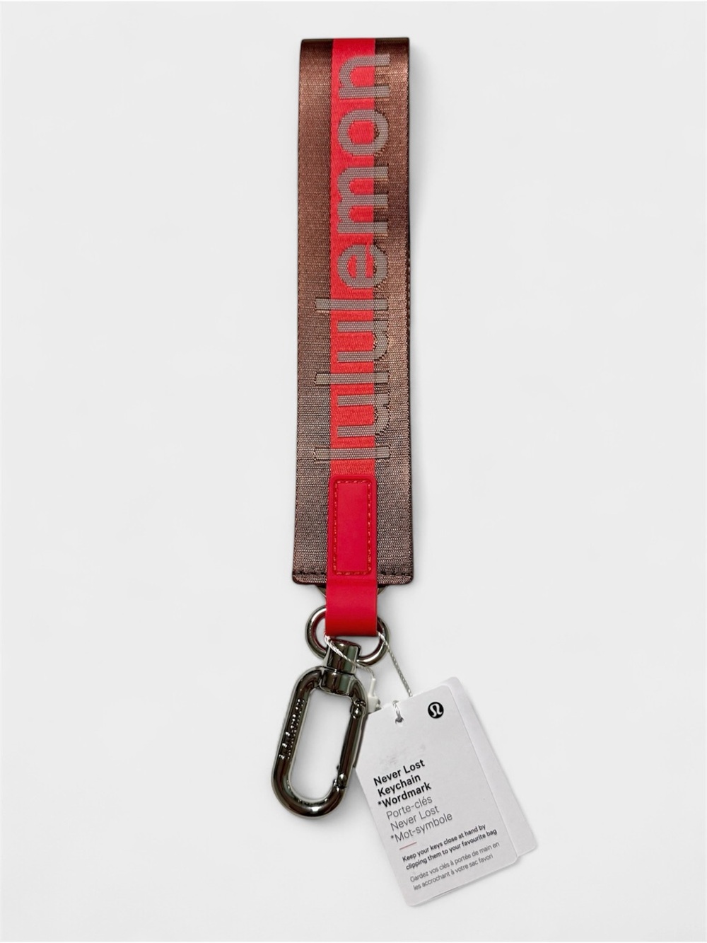 Lululemon Never Lost Keychain Wordmark Ancient Copper, Glaze Pink, White NWT